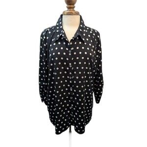Vtg Susan Graver Blouse Women's XL Navy Blue Polks Dots Long Sleeve Normcore